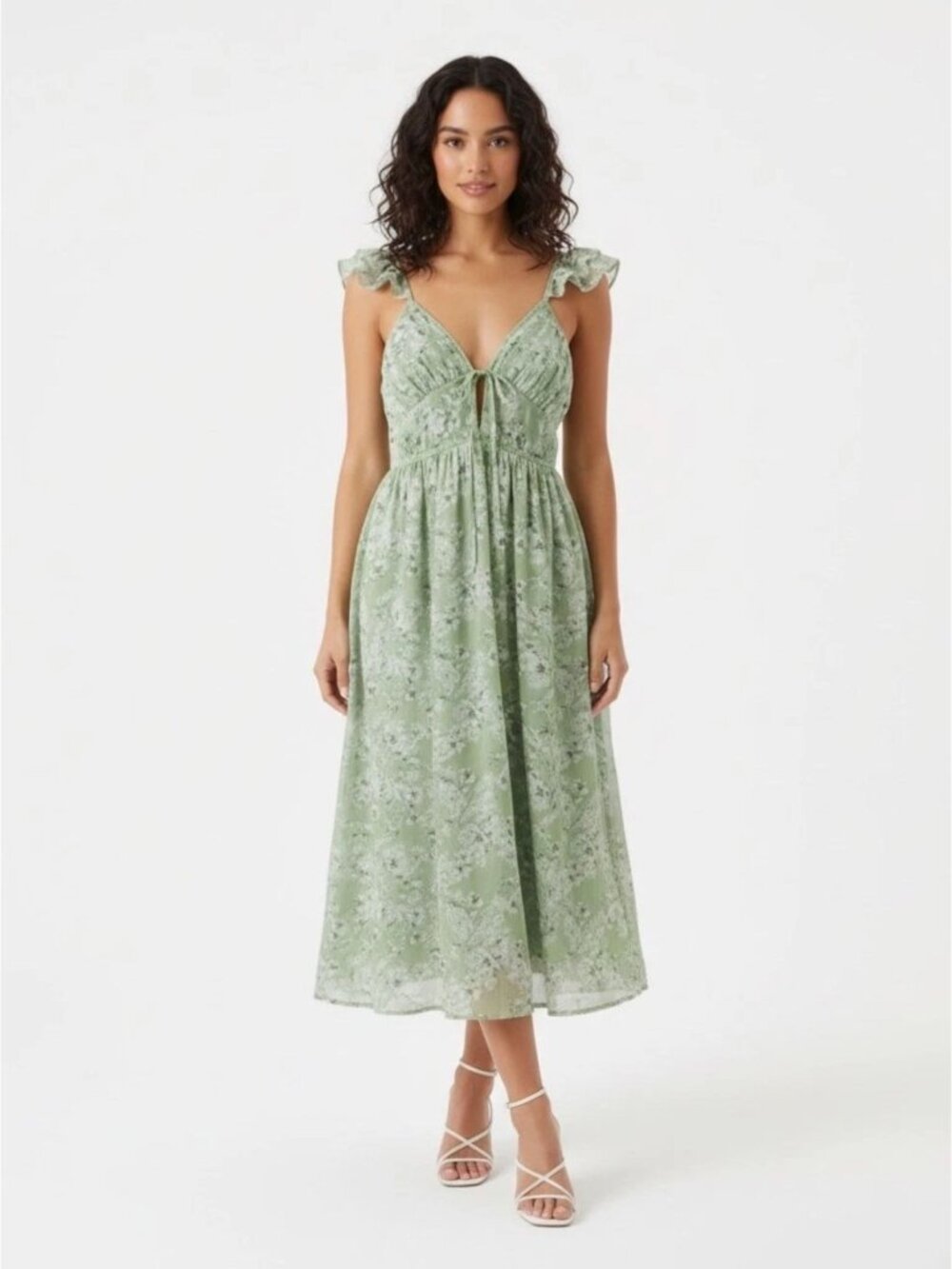 En Saison Laguna Floral Print Midi Dress Sweetheart Neck Green Medium